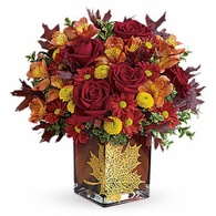 Thanksgiving flowers centerpieces red roses flower gold leaf thanksgiving centerpiece