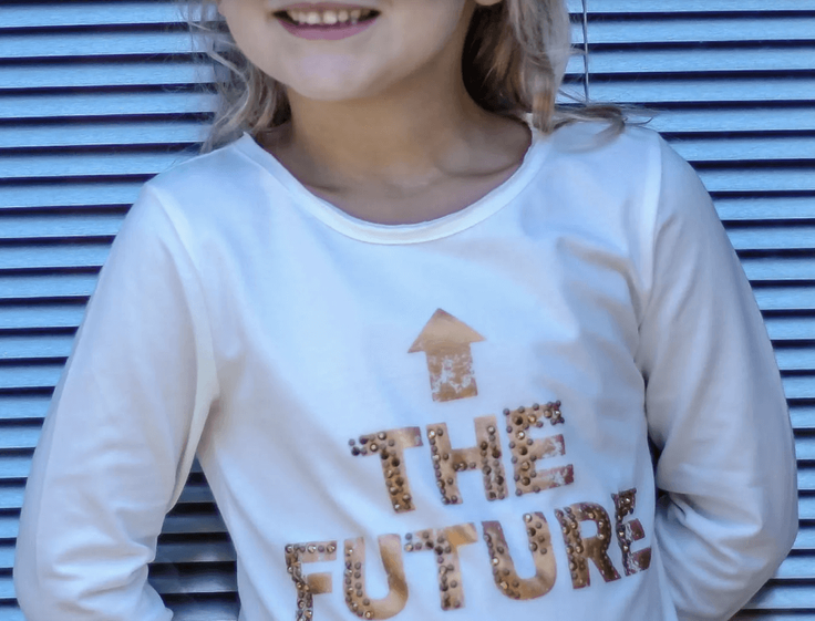 Girl wearing "The Future" shirt