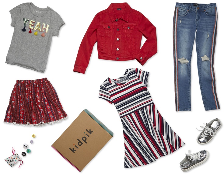 kidpik subscription box laydown with 7 fashion items