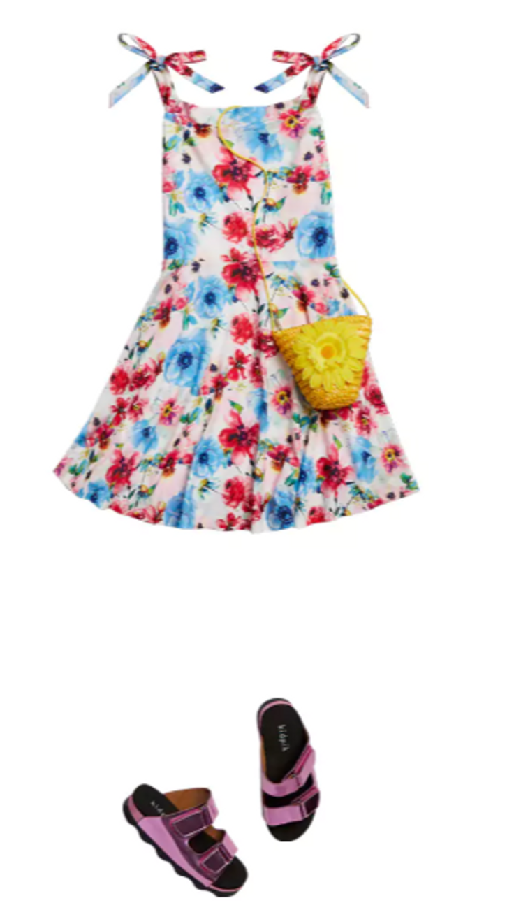 flowery sundress with straw purse