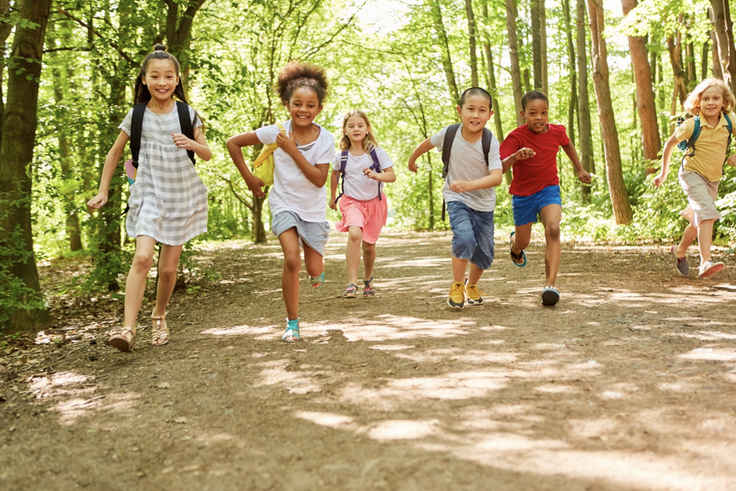 Kids running through the woods