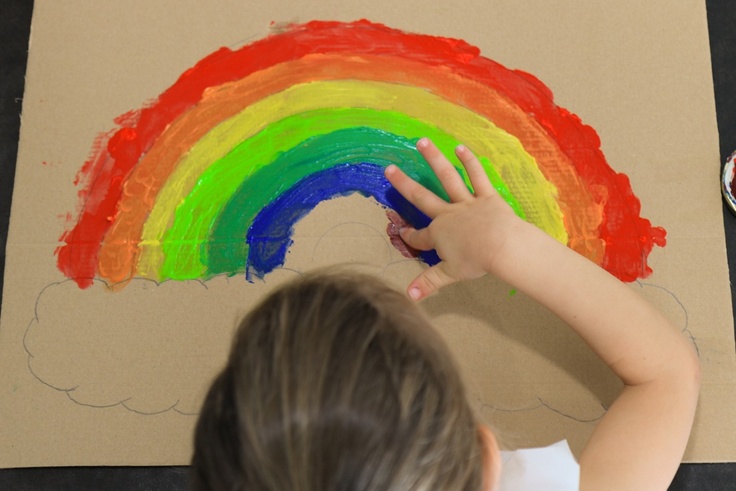 Girl painting rainbow with fingerpaints