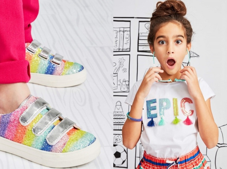 Girl in "Epic" t-shirt and rainbow shoes