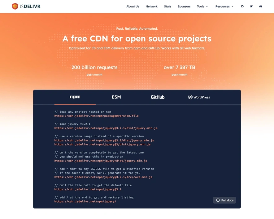 A screenshot of the jsdelivr website